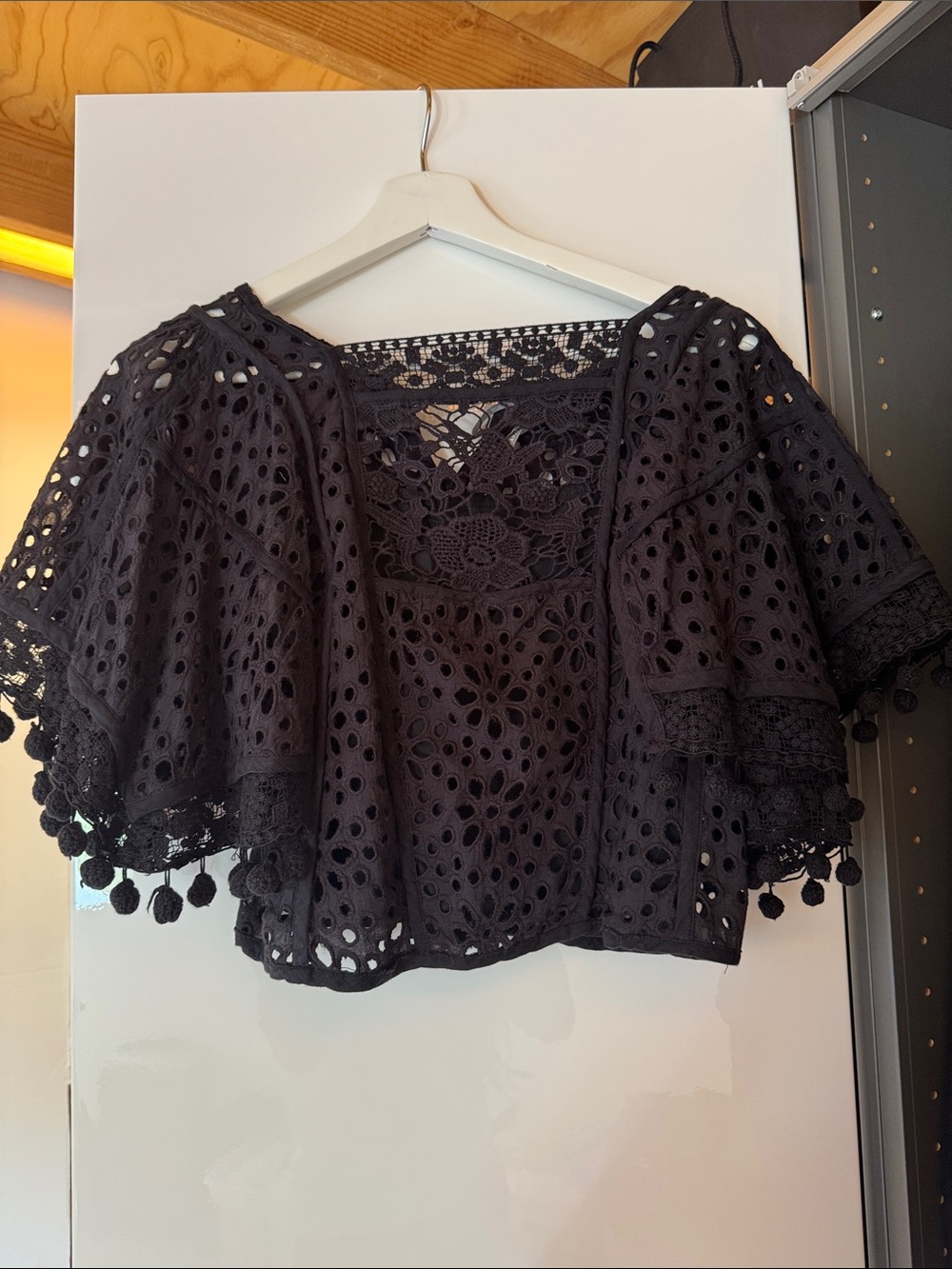 Anthropologie Black Crochet Pom-Pom Short Sleeve Top